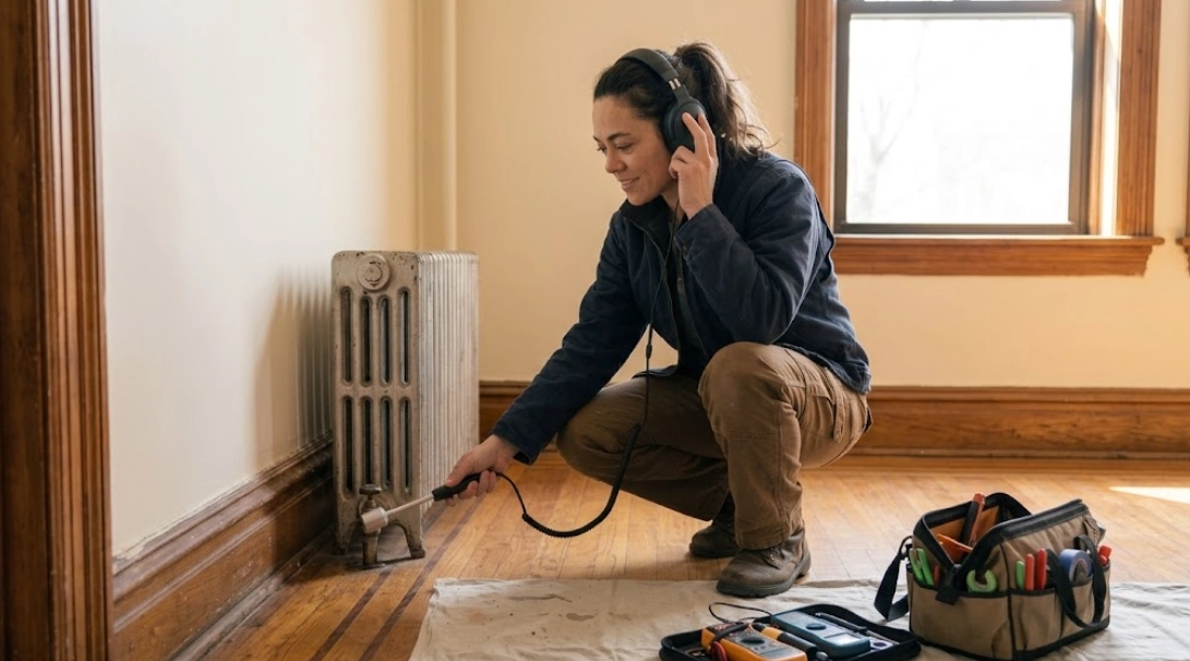 Technician using acoustic listening equipment for non-invasive hidden water leak detection along a basement wall